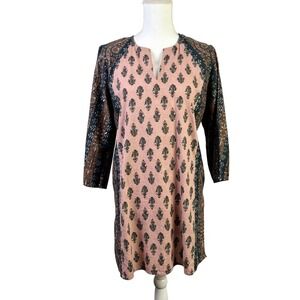 Pure Jill‎ Tunic Boho Chic Retro Dress Paisley Print 3/4 Sleeve Casual Pink S